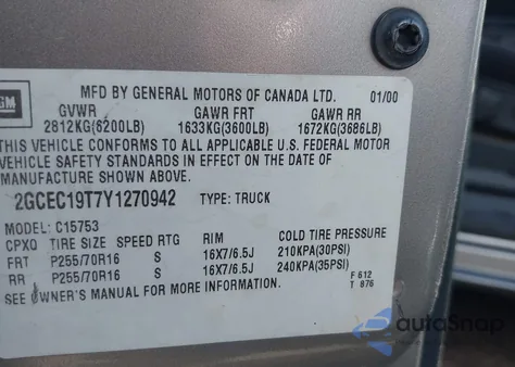 2000 Chevrolet Silverado 1500 Ls from USA, damaged, VIN 2GCEC19T7Y1270942